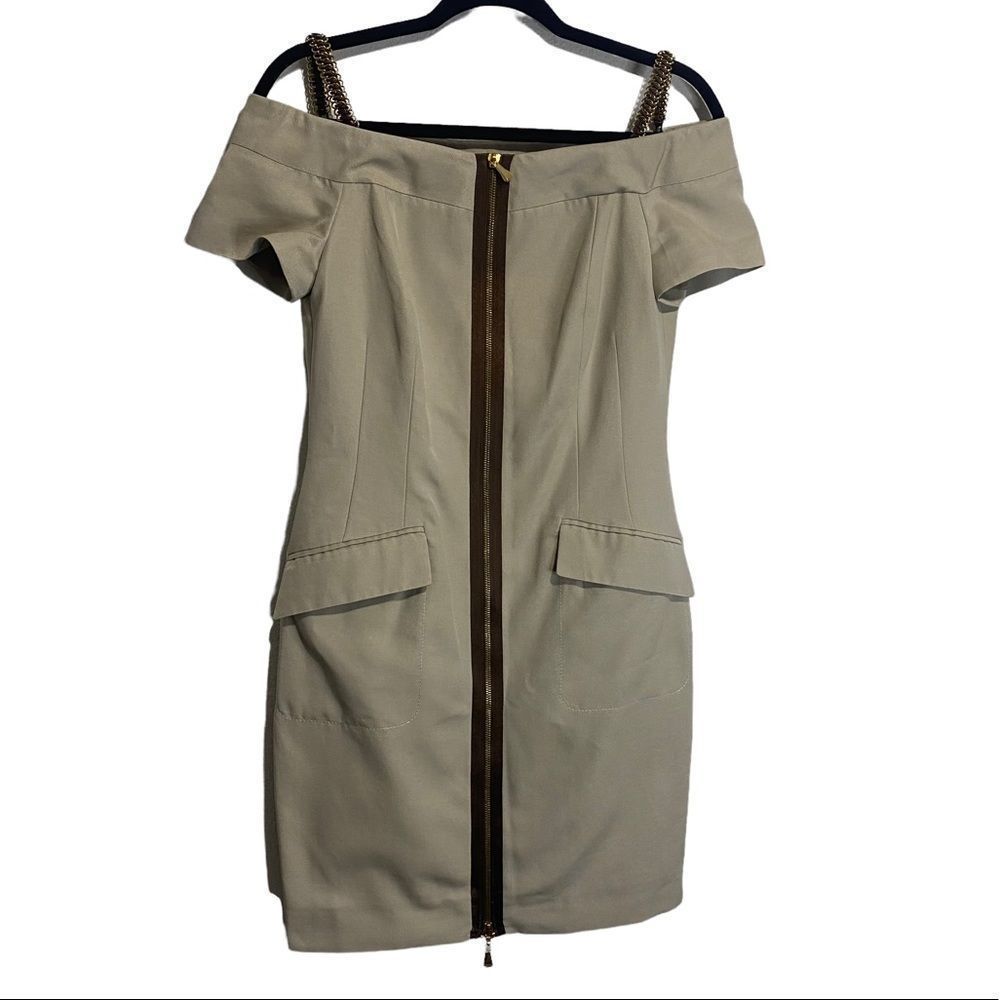 Escada Zip Front Off Shoulder Structured Dress Zipper Detail Tan Escada Dress-34